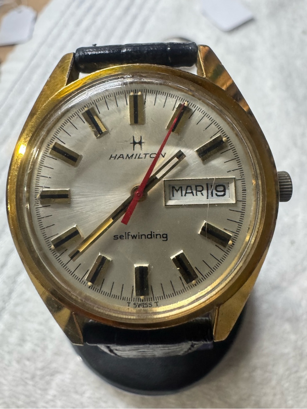 #203 Hamilton Gold-Tone Men's Watch with Black Strap and Red Seconds Hand